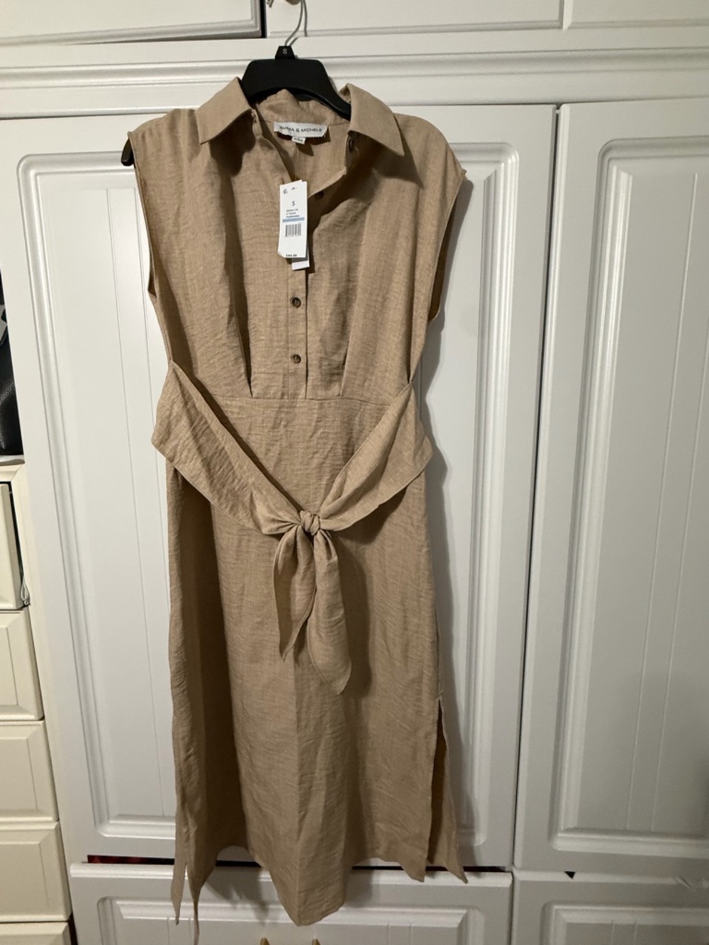 Emma & Michele Sleeveless Tie-Front Midi Dress in Beige